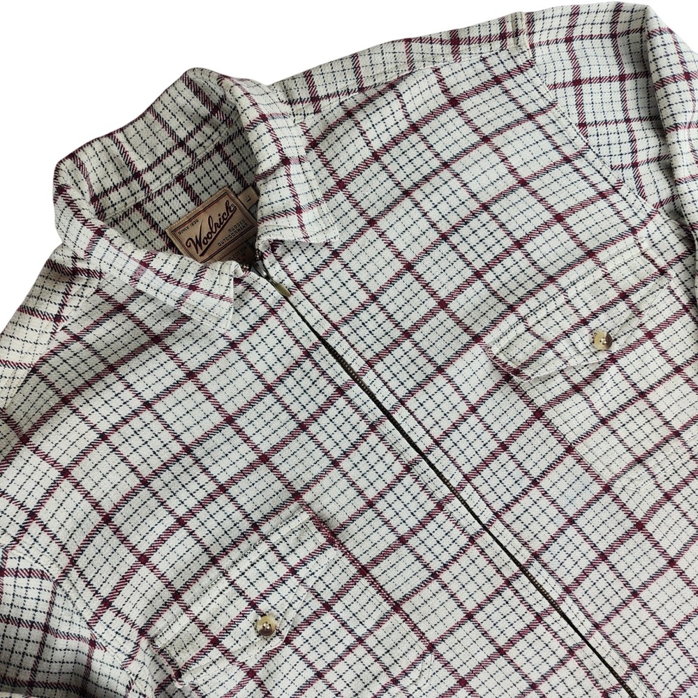 Woolrich Shirt jacket Mens Large Cream Burgundy Plaid Regular Fit 100% Cotton